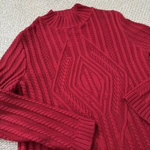Women's Vintage Country Cotton Red Fisherman's Sweater. Roll Neck: XL Cable Knit